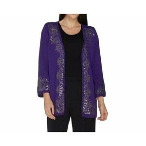 Bob Mackie's 3/4 Sleeve Open Front Cardigan w/Sequin Detail, XS, Purple